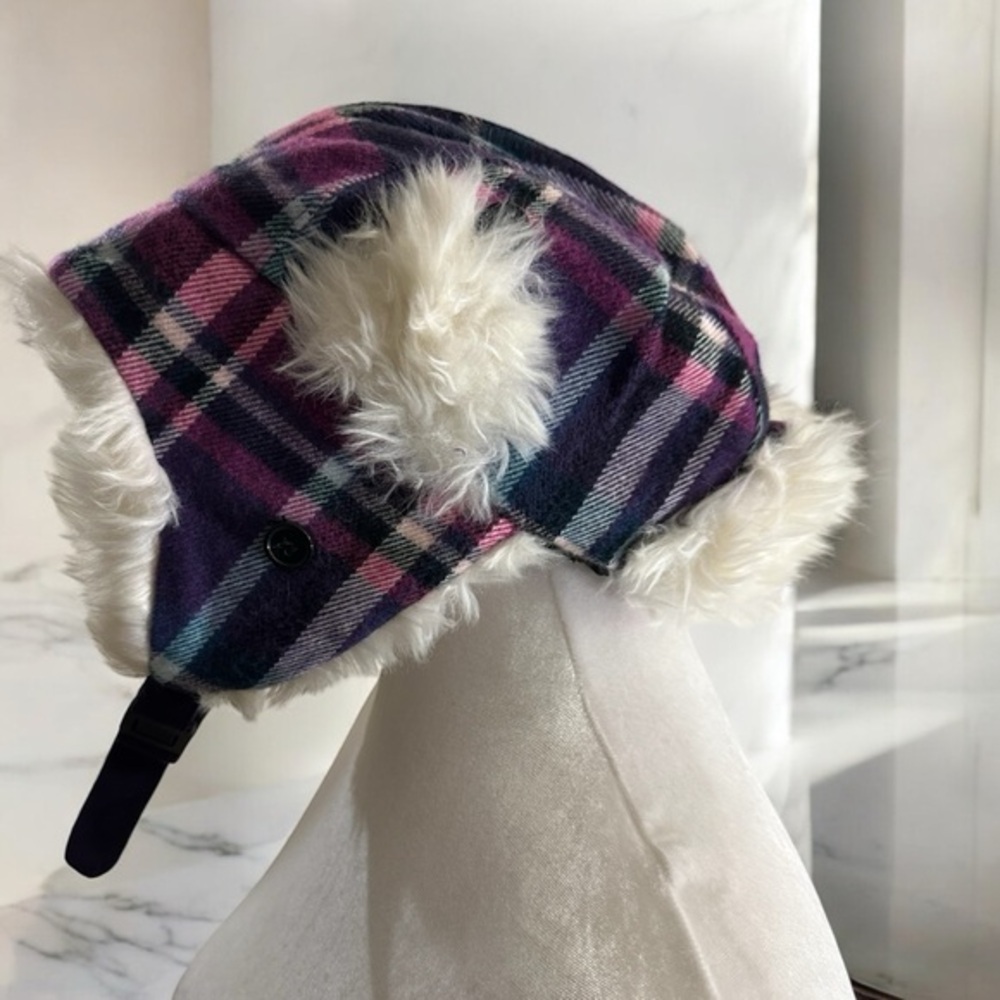 Beadz 'N Bagz Trapper Hat Women OS Purple Plaid Faux Fur NEW